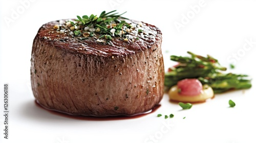 Gourmet Grilled Beef Steak Garnished with Fresh Herbs and Accompanied by Asparagus on White Plate photo