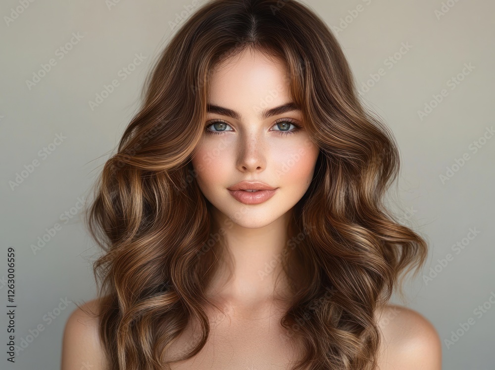 Portrait of a beautiful woman with long wavy brown hair in minimalist fashion style with soft natural light Portrait of a beautiful woman with long wavy brown hair in minimalist fashion style with soft natural light