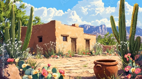Desert adobe house with cactus and mountain in southwestern landscape painting