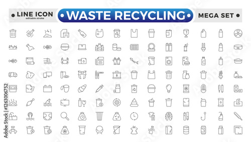 Waste Recycling outline icons. Garbage disposal. Trash separation, waste sorting with further recycling. Plastic bottle, biodegradable trash, junk truck, landfill, paper. Editable stroke outline icon.