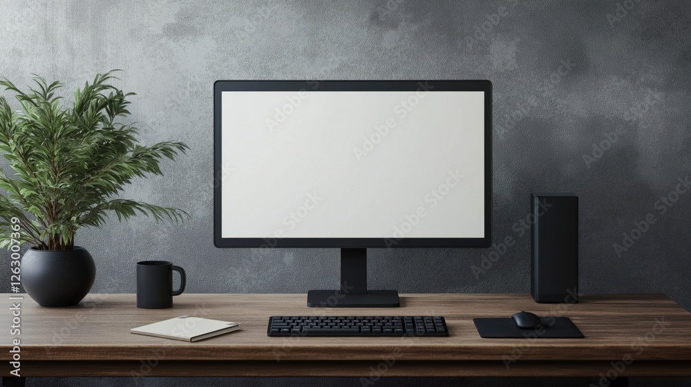 desktop computer monitor with a blank white screen on a wooden desk. The desk is cluttered with a keyboard, mouse, notebook, pen, and a black mug desktop computer monitor with a blank white screen on a wooden desk. The desk is cluttered with a keyboard, mouse, notebook, pen, and a black mug