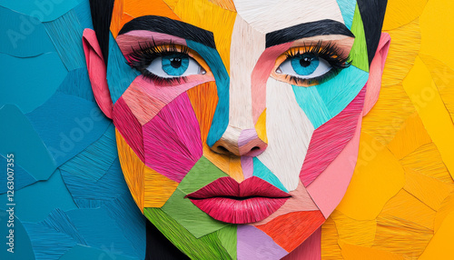 Colorful abstract portrait with vibrant geometric shapes and striking blue eyes