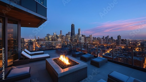 Chicago Skyline at Twilight Luxury Rooftop Terrace with Fire Pit and City View.