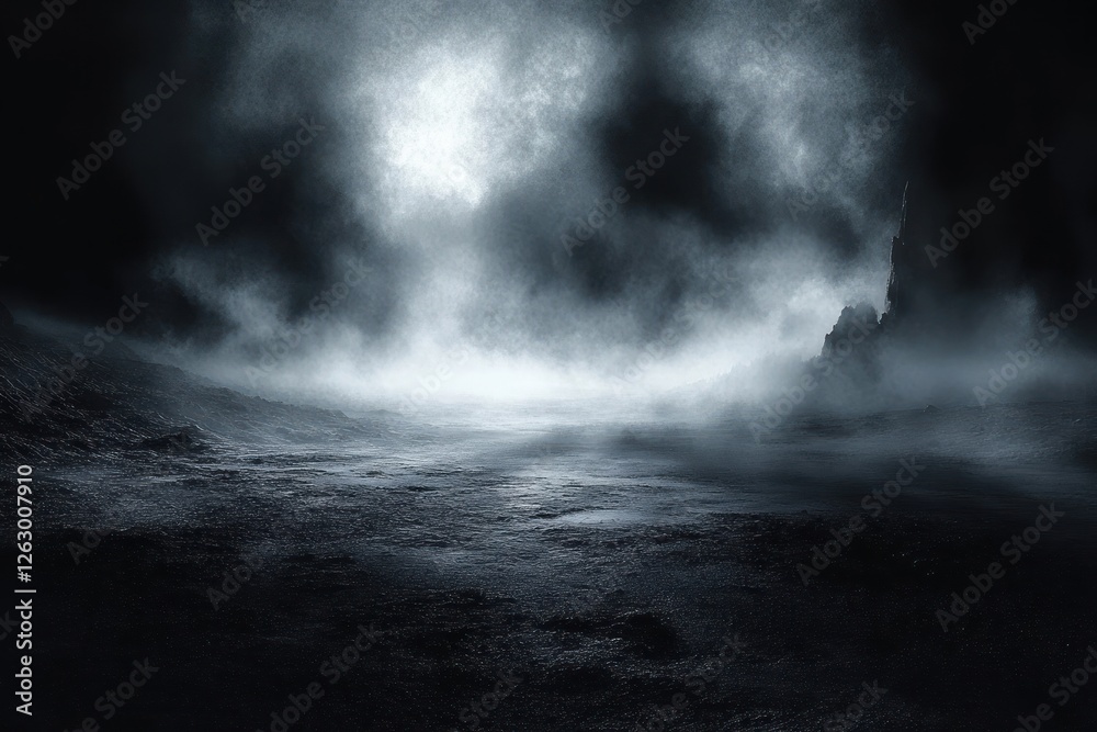 Misty Dark Landscape with Mysterious Fog and Chiaroscuro Lighting in Halloween Atmosphere Misty Dark Landscape with Mysterious Fog and Chiaroscuro Lighting in Halloween Atmosphere
