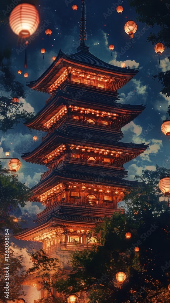 Fototapeta premium Illuminated Pagoda Amidst Floating Lanterns at Night