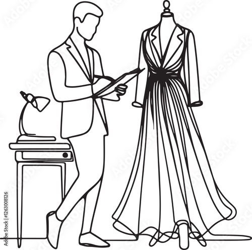 Elegant Line Drawing of a Fashion Designer Inspecting Dress Design