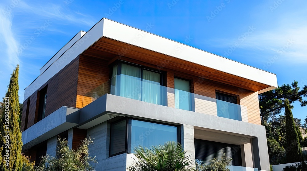 An elegant modern home with a minimalist exterior, featuring a blend of wood and concrete, set against a bright blue sky. An elegant modern home with a minimalist exterior, featuring a blend of wood and concrete, set against a bright blue sky.
