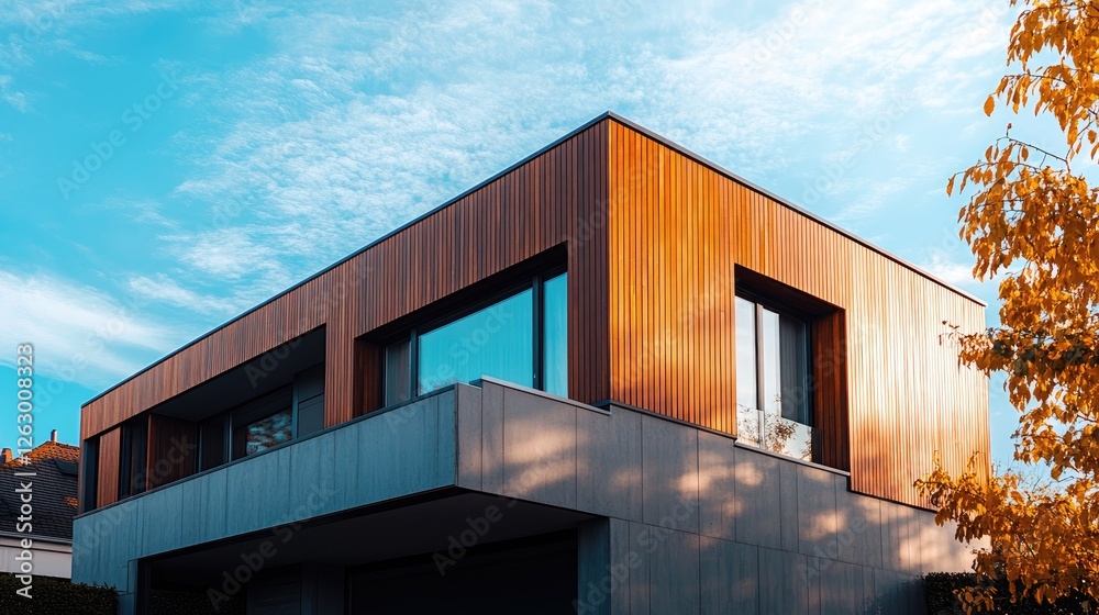 An elegant modern home with a minimalist exterior, featuring a blend of wood and concrete, set against a bright blue sky. An elegant modern home with a minimalist exterior, featuring a blend of wood and concrete, set against a bright blue sky.