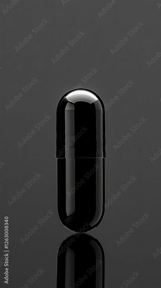 Black Capsule on Dark Surface with Reflection and Minimalistic Style Black Capsule on Dark Surface with Reflection and Minimalistic Style