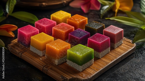 Indonesian kue lapis with colorful layers of rice flour and pandan flavor, presented in a bamboo steamer