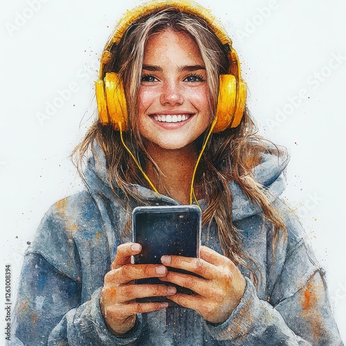 Joyful Young Woman Listening to Music with Smartphone