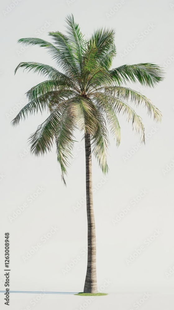 Obraz premium A single coconut palm tree stands tall against a plain white background
