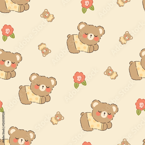 Cute baby bear sleeping with bear toy and flowers on a neutral beige background, kids seamless pattern wallpaper design.