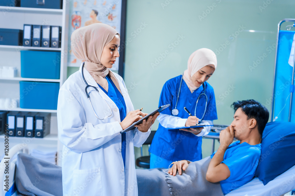 Asian middle-aged man patient rests in a hospital bed while a middle-aged Muslim woman doctor and a middle-aged Asian woman nurse check for diseases like flu and pneumonia, ensuring his recovery. Asian middle-aged man patient rests in a hospital bed while a middle-aged Muslim woman doctor and a middle-aged Asian woman nurse check for diseases like flu and pneumonia, ensuring his recovery.