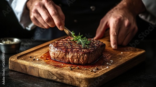 A chef presenting a perfectly cooked steak on a wooden cutting board, ready for serving.