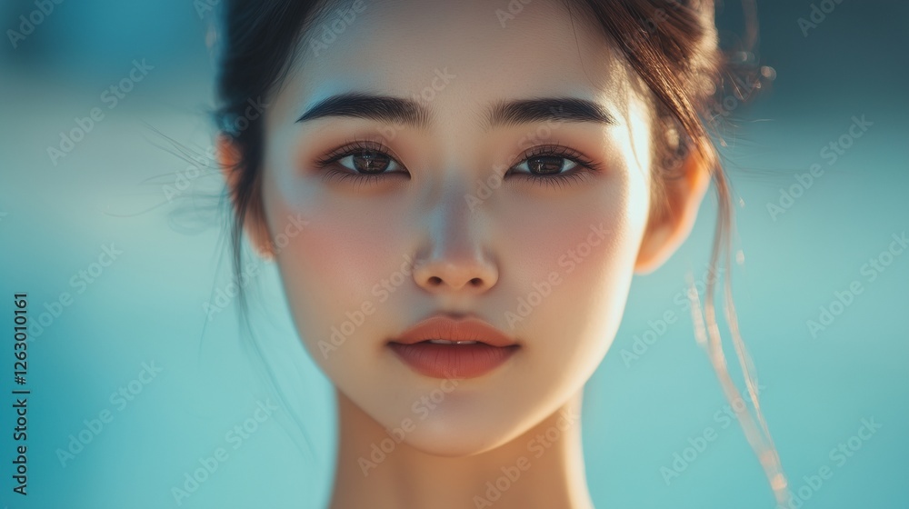 Naklejka premium An asian woman with pink eyes. Giraffe eats giraffe in zoo. A giraffe eats a giraffe in a zoo. A woman of asian descent with pink-colored lifestyle eyes.