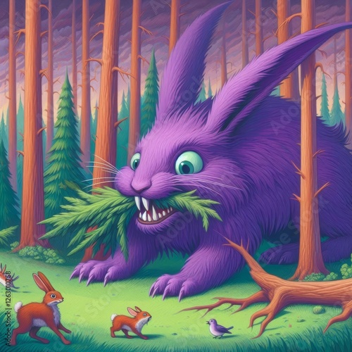 Giant purple rabbit eats trees in forest.