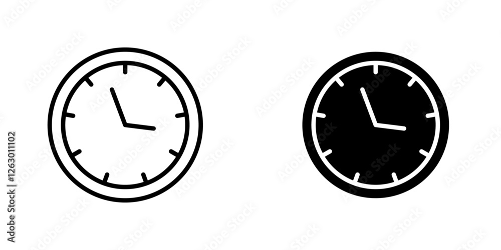 Clock nine vectors icons set in filled and strokes on white background Clock nine vectors icons set in filled and strokes on white background