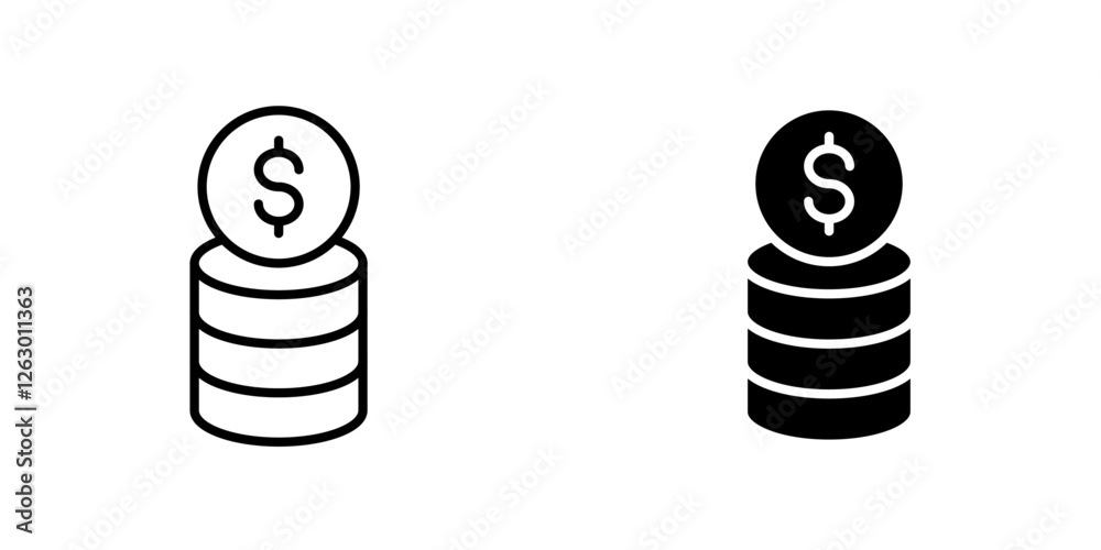 Coins vectors icons set in filled and strokes on white background Coins vectors icons set in filled and strokes on white background