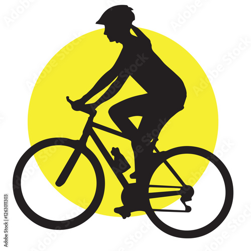 Silhouette of a cyclist, silhouette of a cyclist on a yellow circle background 