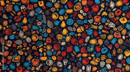 Colorful assortment of illustrated food items scattered on a dark background, ideal for culinary themes