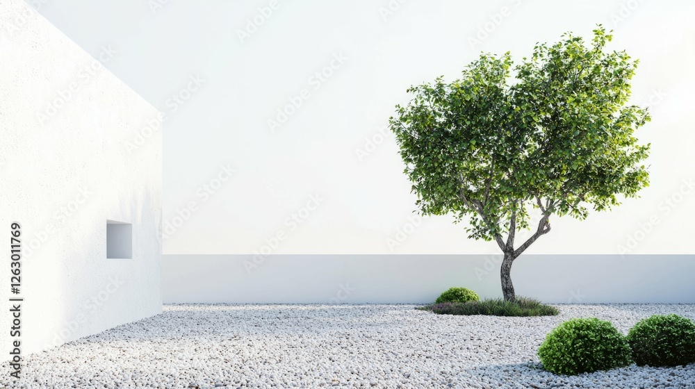 Obraz premium Tranquil Minimalist Garden with Green Tree on White Gravel Surface