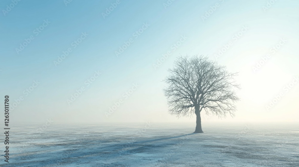Solitary Tree in Foggy Landscape Under Calm Blue Sky Solitary Tree in Foggy Landscape Under Calm Blue Sky