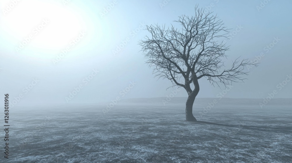 Lonely Tree on a Foggy Winter Landscape in Soft Blue Light Lonely Tree on a Foggy Winter Landscape in Soft Blue Light