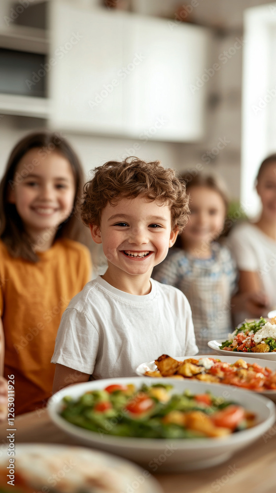 Happy children enjoying meal together, smiling and sharing food Happy children enjoying meal together, smiling and sharing food