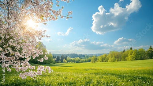 Sunny Spring Meadow with Blossoming Cherry Tree
