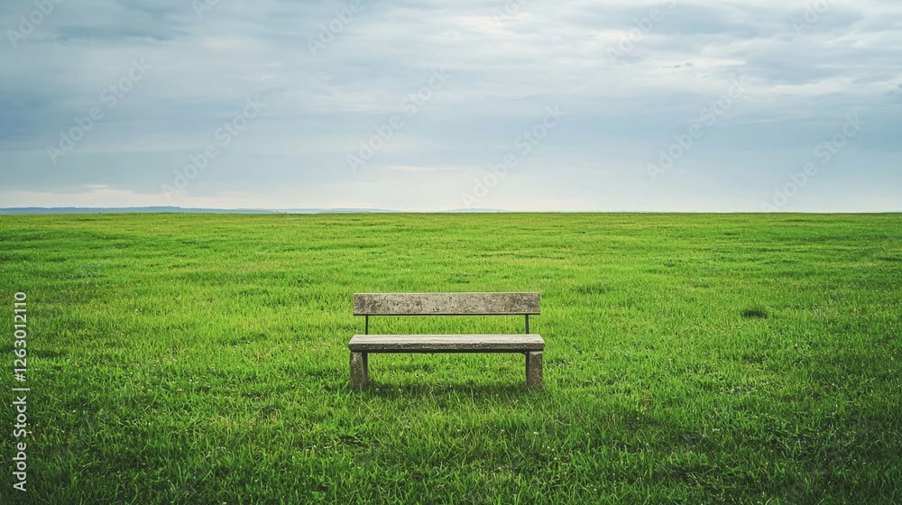 Tranquil Bench on Lush Green Field Under Cloudy Sky Tranquil Bench on Lush Green Field Under Cloudy Sky