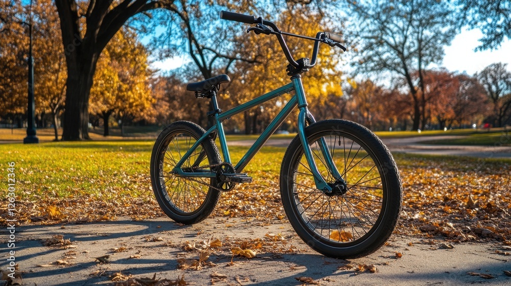 BMX Bike in Autumn Park Turquoise Frame on Leaf-Strewn Path. BMX Bike in Autumn Park Turquoise Frame on Leaf-Strewn Path.