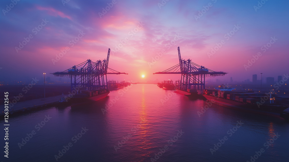 Container truck in ship port for business Logistics and transportation of Container Cargo ship and Cargo plane with working crane bridge in shipyard at sunrise, logistic import export and transport Container truck in ship port for business Logistics and transportation of Container Cargo ship and Cargo plane with working crane bridge in shipyard at sunrise, logistic import export and transport