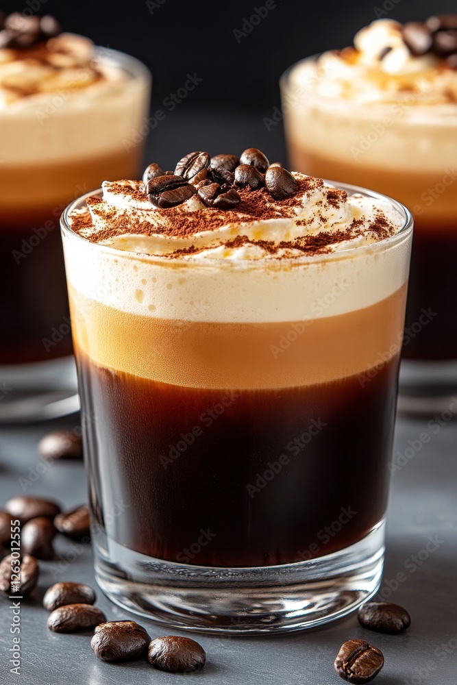 Delicious Cold Brew Coffee with Creamy Foam Topping and Coffee Beans Delicious Cold Brew Coffee with Creamy Foam Topping and Coffee Beans