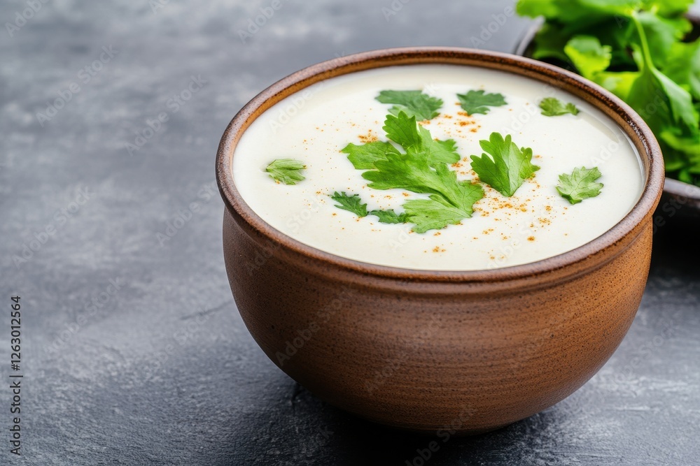 Fresh Indian Buttermilk Chaas in an Earthenware Bowl with Herbs Fresh Indian Buttermilk Chaas in an Earthenware Bowl with Herbs