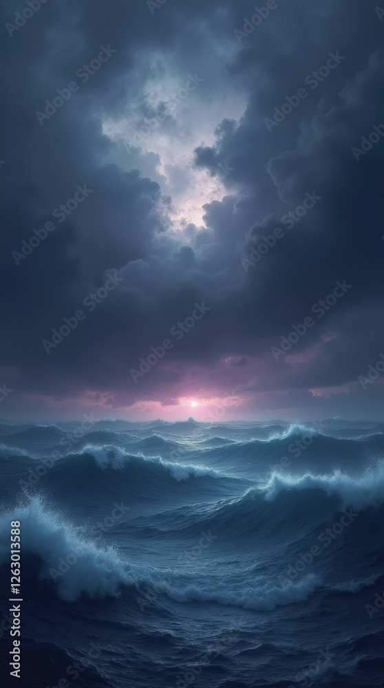 Stormy Ocean with Dark, Ominous Clouds and Turbulent Waves Stormy Ocean with Dark, Ominous Clouds and Turbulent Waves