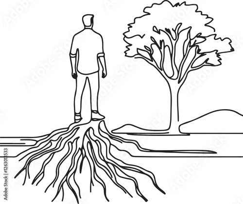 Man Standing on Tree Roots – Simple Line Drawing Vector
