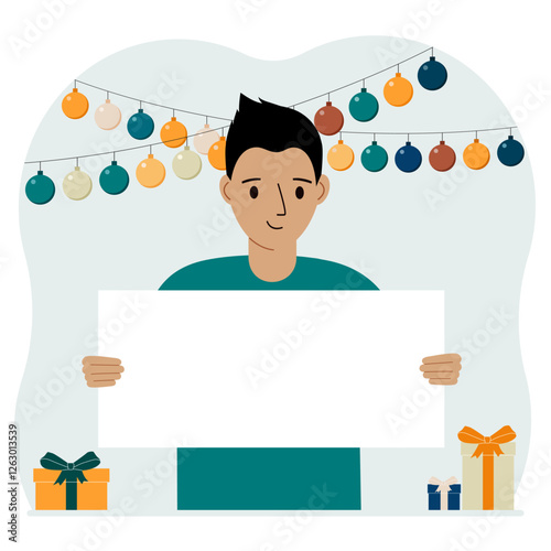 Holiday concept with garland, gift boxes and poster. A man smiles, rejoices and celebrates a birthday, a festive event, a victory, an achievement or a holiday.