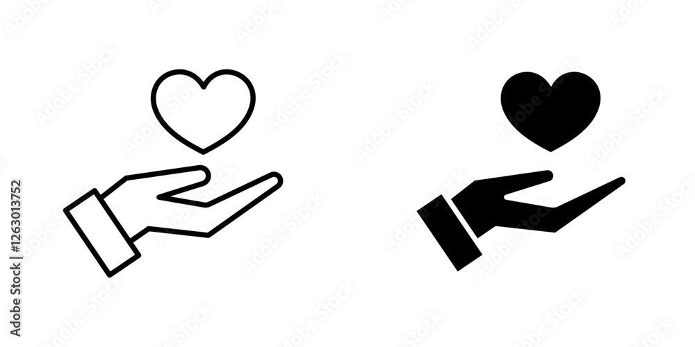 Hand holding heart vectors icons set in filled and strokes on white background Hand holding heart vectors icons set in filled and strokes on white background