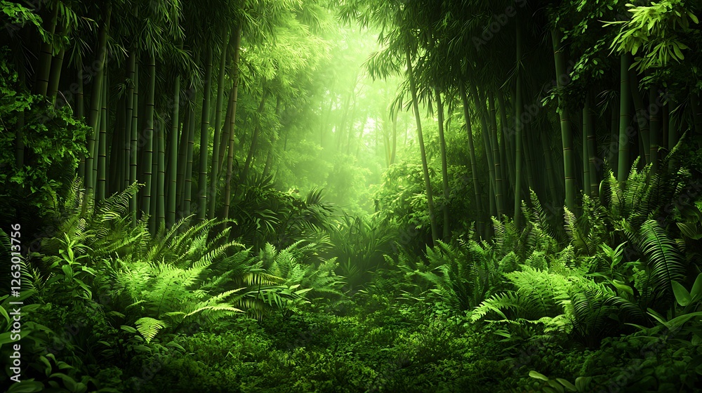 Fototapeta premium Mystical bamboo forest path, sunlit, ferns, tranquility