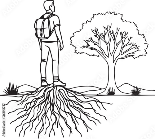 Man Standing on Tree Roots – Simple Line Drawing Vector