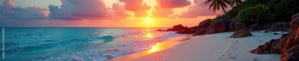 Fototapeta premium Stunning sunrise over pristine beach, coral reefs visible , dawn, paradise