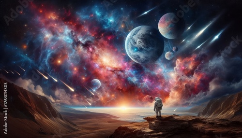 Astronaut facing a vast universe.