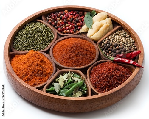 A wooden platter holds an assortment of colorful spices and herbs, showcasing a variety of textures and ingredients for culinary use. photo