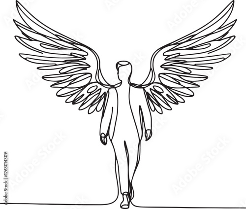 Angel-Inspired Man with Big Wings – Simple Line Drawing Vector
