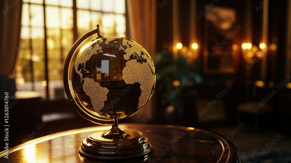 Ornate Golden Globe on Marble Table in Luxurious Interior Setting. Ornate Golden Globe on Marble Table in Luxurious Interior Setting.