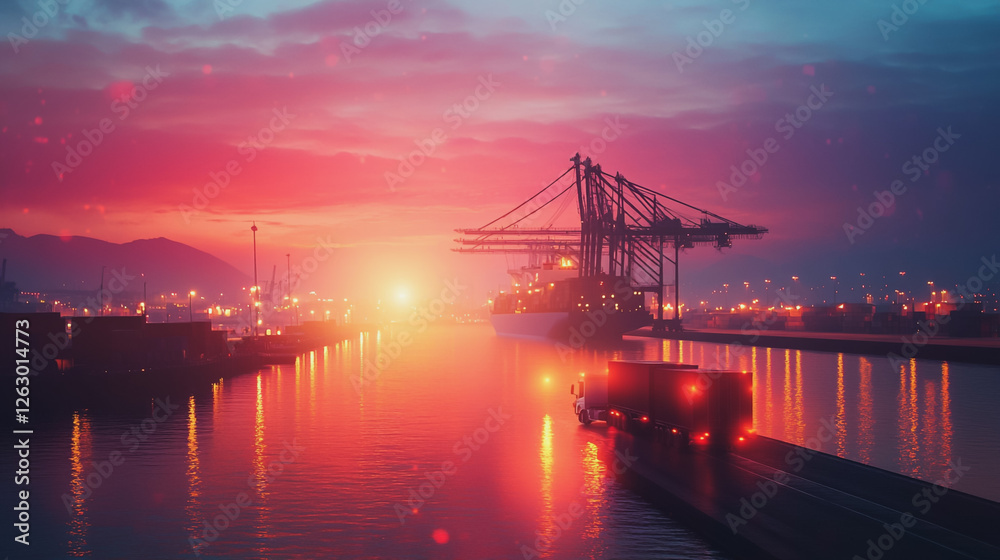 Fototapeta premium Container truck in ship port for business Logistics and transportation of Container Cargo ship and Cargo plane with working crane bridge in shipyard at sunrise, logistic import export and transport