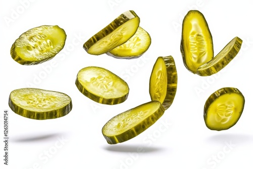Isolated falling pickled cucumber slices captured on a clean white surface. photo