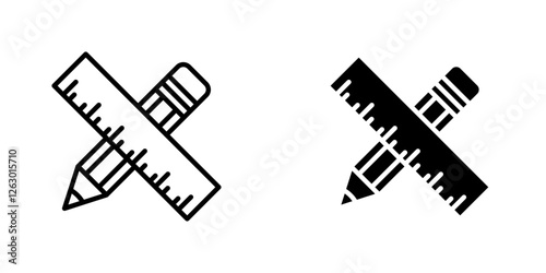 Pencil and ruler vectors icons set in filled and strokes on white background