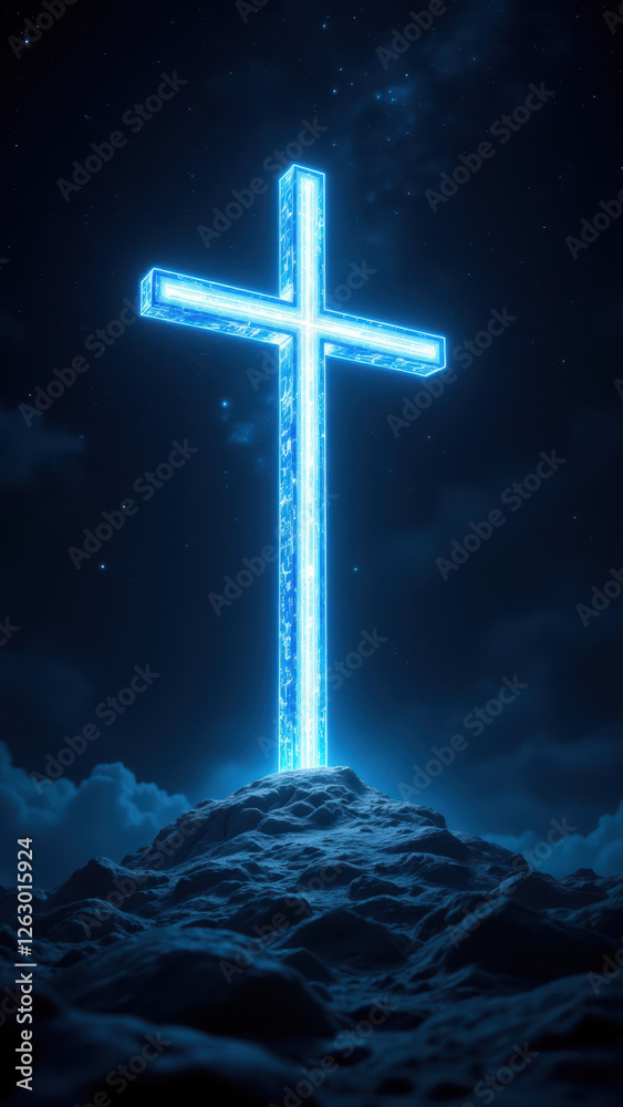 Naklejka premium A glowing blue cross on a hilltop against a starry night sky.